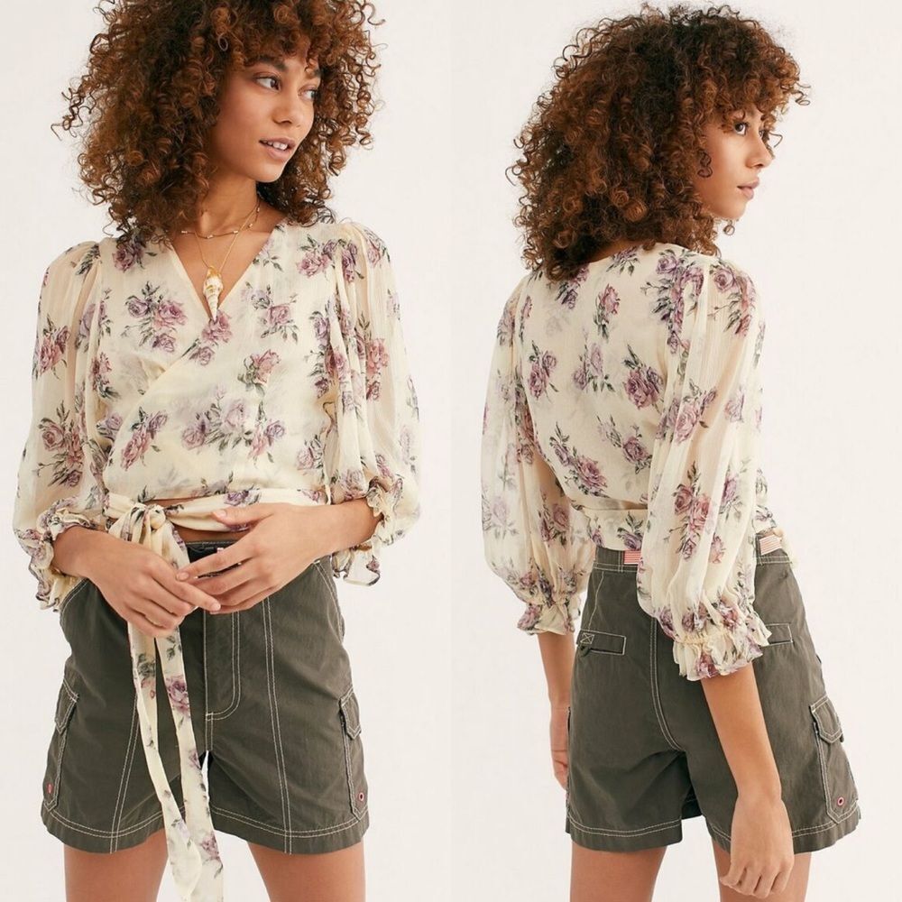 Loveshackfancy 100% silk domino floral print wrap blouse women’s size S‎